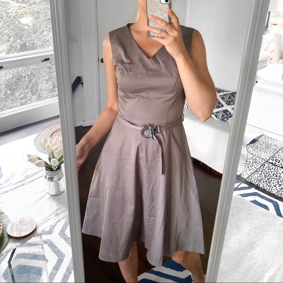 🍂 MAKALU TAUPE MIDI BELTED SKATER DRESS! - Picture 1 of 7